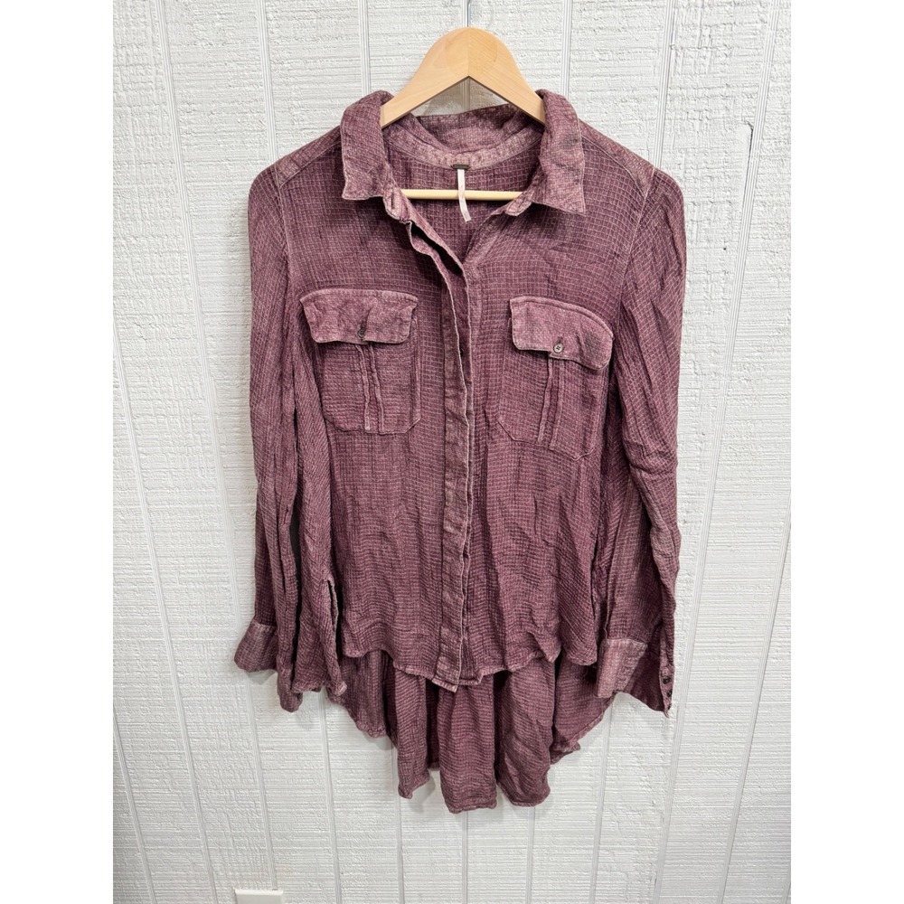 Free People Button Down Shirt Women Plum Waffle Knit Tie Back High Low Small